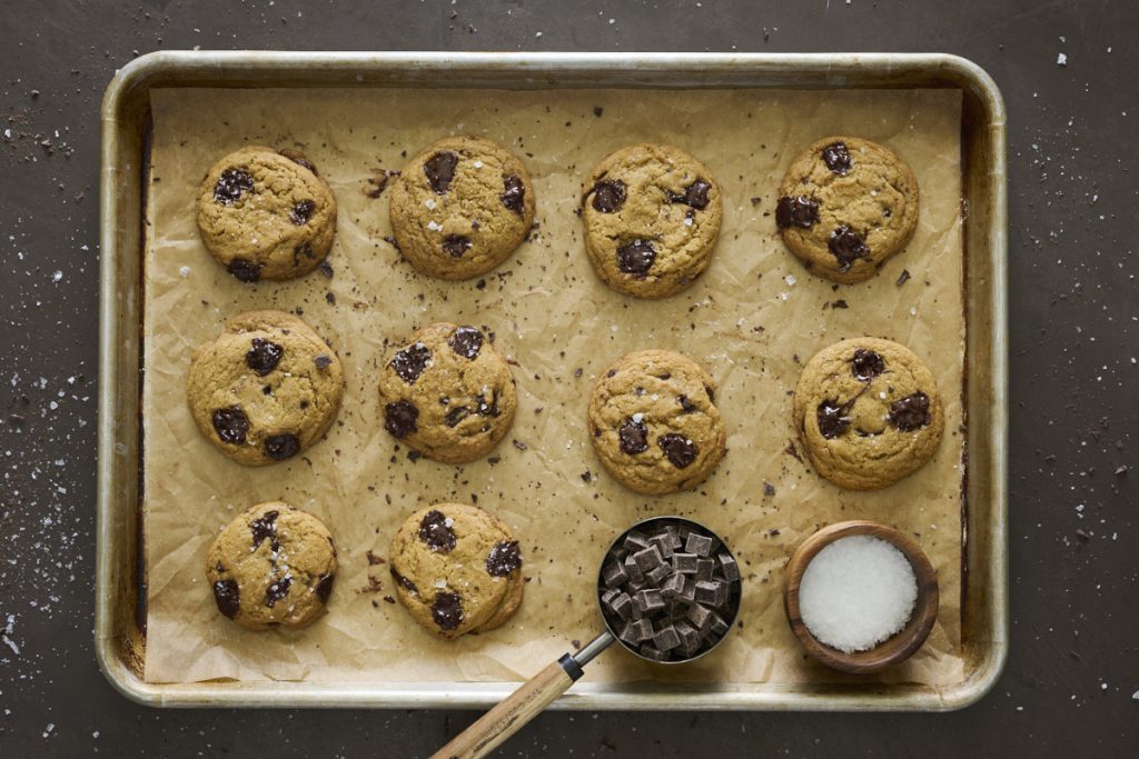 Ingredients for homemade Brown Butter Chocolate Chunk Cookies measured and arranged before baking.