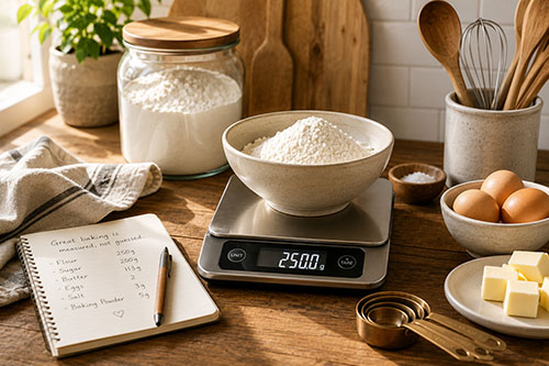 Kitchen scale weighing flour in a bowl with baking ingredients for measuring by weight.