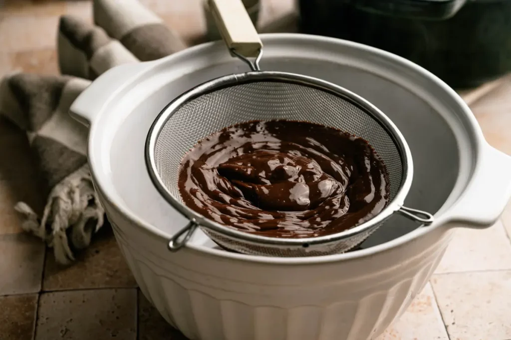 Chocolate pudding mixture cooking in a metal bowl over a saucepan