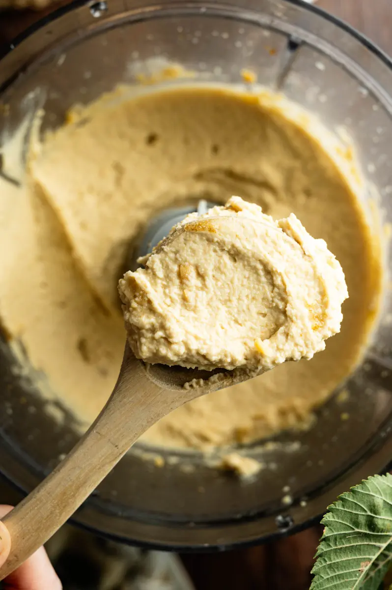 Spoonful of creamy homemade hummus over a food processor