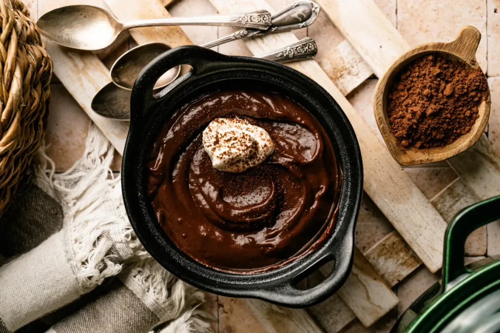 Finished chocolate pudding topped with whipped cream in a rustic table setting