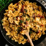 Sun-dried tomato and basil farfalle topped with grated cheese in a cast-iron skillet with a wooden spoon.